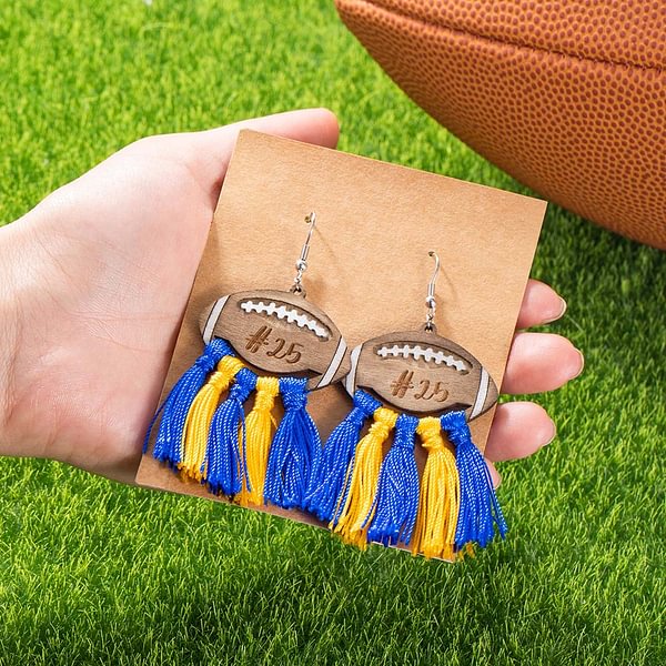 Personalized A Pair of Bohemian Style Wood Football Earrings with Team Color Tassel and Engraved Text Gift for Football Fans Friend or Family