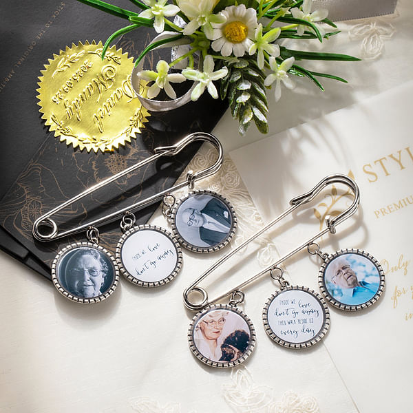 Personalized Memorial Photo Lapel Brooch Pin Bouquet Charm with Words Wedding Graduation Gift