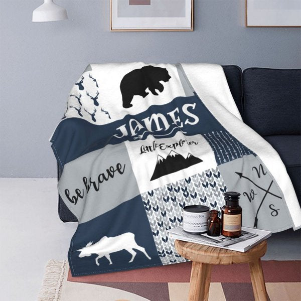 Personalized Adventure Awaits Woodland Style Children's Blanket with Name Birthday Gift for Kids