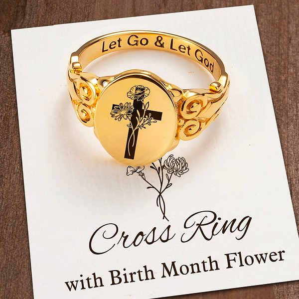 Personalized Cross Birth Flower Bouquet Signet Ring Let Go And Let God Ring Christian Engraved Jewelry Baptismal Mother's Day Gift for Woman