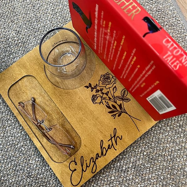 Personalized Engraved Birth Flower Wooden Book Stand Bookmark Set with Name and Cup Glasses Holder Birthday Gift for Reading Lovers