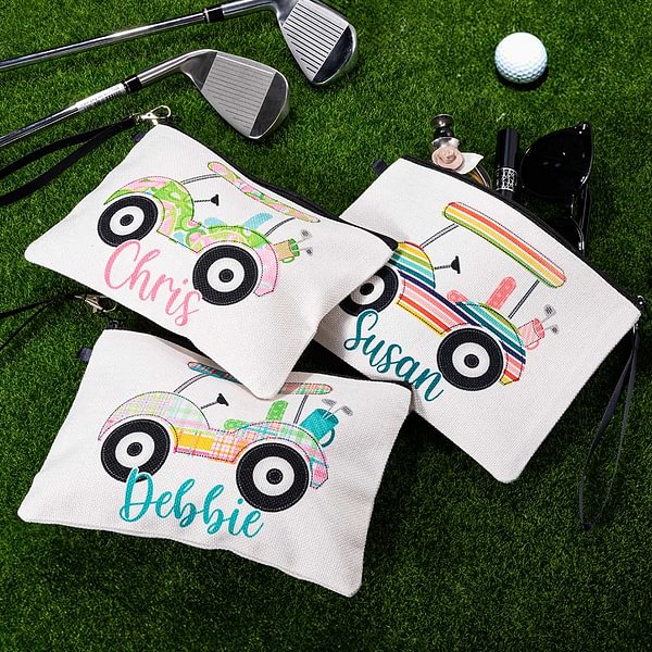 Personalized Colorful Golf Cart Linen Cosmetic Makeup Bag with Name and Wrist Strap Birthday Team Gift for Golf Player Lover