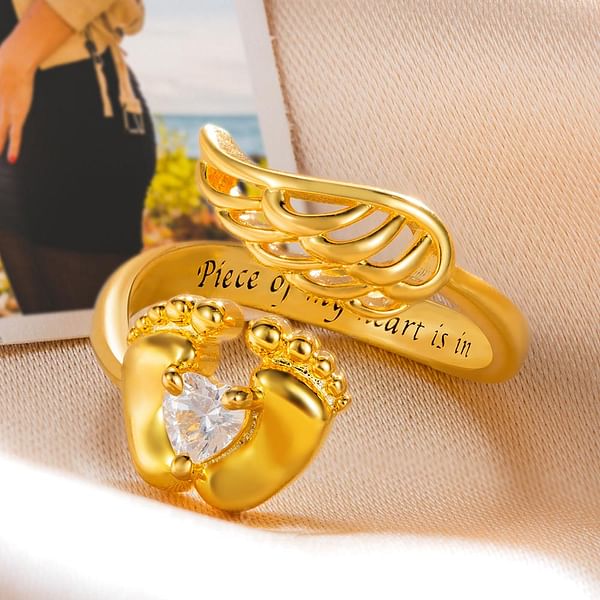 Personalized Angel Wings and Baby Feet Birthstone Ring with Engraved Text Loss Memorial Sympathy Gift for Women