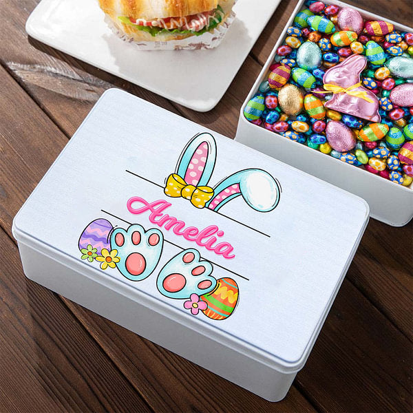 Personalized Cute Bunny Easter Eggs Food Grade Metal Biscuit Tin with Name Easter Gift for Kids