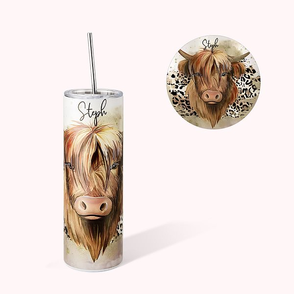 Personalized Highland Cow Tumbler with Straw 20oz Cow Gift for Women