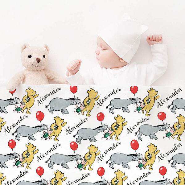 Personalized Winnie the Pooh Soft Blanket with Name Gift for Baby