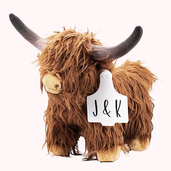 Personalized Highland Cow Plush Toy Furry Stuffed Animal Doll with Text Photo Ear Tag Birthday Gift for Kid Baby Highland Cow Lover