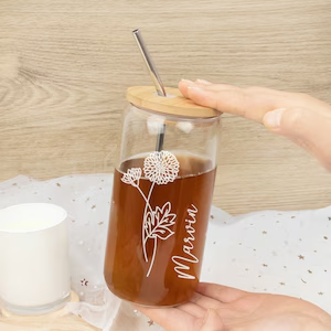 Custom Birth Flower Glass with Name,Floral Straw Tumbler,Personalized Ice Coffee Mug with Lid,Bridesmaid Gift,Birthday Gift,Mothers Day Gift