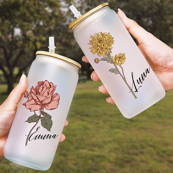 Personalized Vintage Style Watercolor Birth Flower Frosted 20oz Drinking Glass with Straw and Name Gift for Women