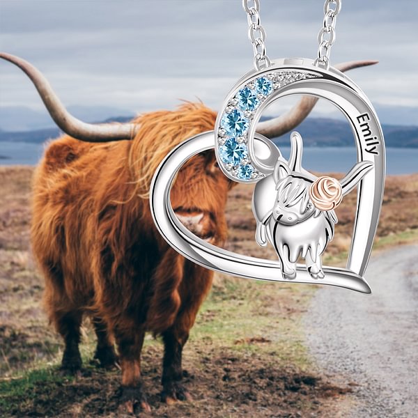 Personalized Heart Highland Cow Necklace with Birthstone and Name for Mother Daughter Girlfriend Jewelry Gift