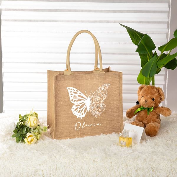 Personalized Birth Flower Butterfly Burlap Tote Bag