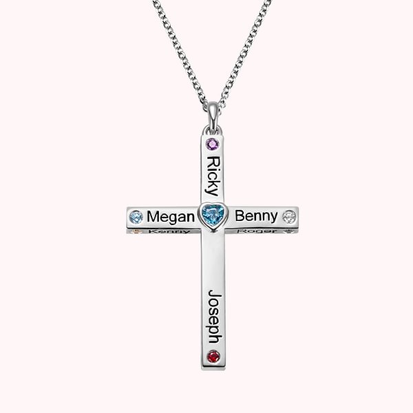 Cross Necklace for Women with Kid's Name & Birthstone