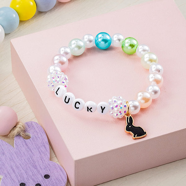 Personalized Cute Pearl Beaded Stretch Name Bracelet with Bunny Charm Easter Gift for Kids