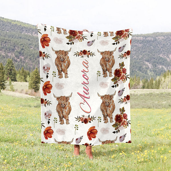 Personalized Cute Highland Cow Soft Cozy Fleece Blanket with Name Baby Shower Christmas Gift for Kids Highland Cow Lover