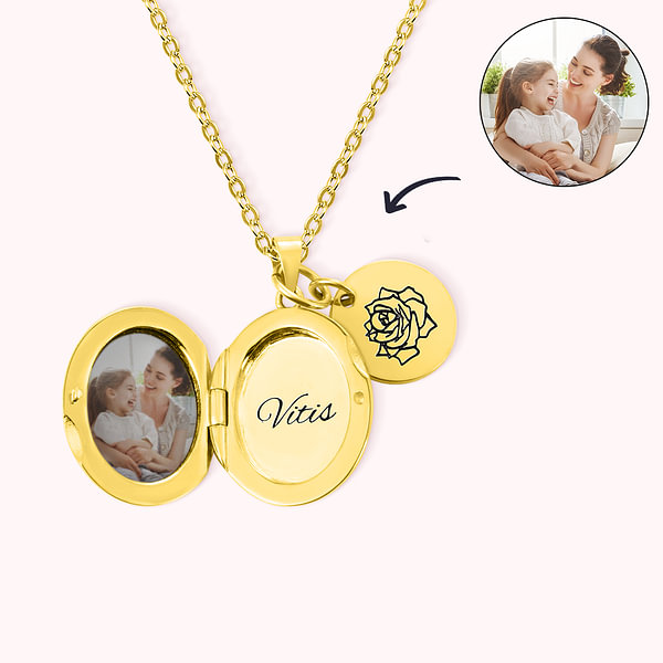 Personalized Photo and Text Oval Locket Necklace with Engraved Birth Flower Disc Charm Mother's Day Birthday Gift for Women Girls