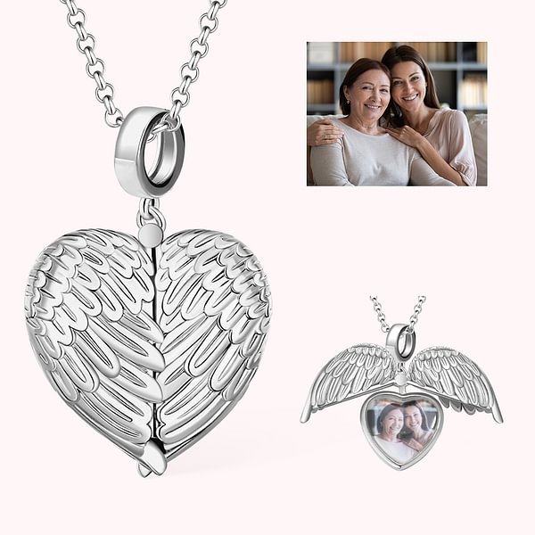 Personalized Photo Heart Locket Angel Wings Necklace with Engraved Text Memories Gift for Woman