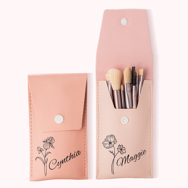 Personalized Birth Flower Makeup Brush Bag with 8 Pcs Makeup Brushes Birthday Wedding Christmas Gift for Girlfriend Mother Friend