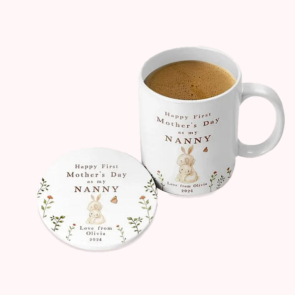 Personalized Happy First Mother's Day 11oz Ceramic Coffee Mug and Coaster Set with Animals Hug Design Mother's Day Gift for Grandma Mom