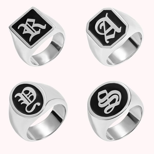 Personalized Old English Gothic Vintage Initial Signet Sterling Silver Ring Birthday Gift for Girlfriend Boyfriend