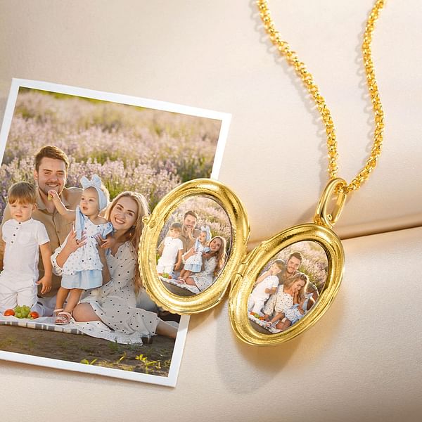 Personalized 2 Photos Oval Locket Necklace with Engraved Text Mother's Day Birthday Jewelry Gift for Women