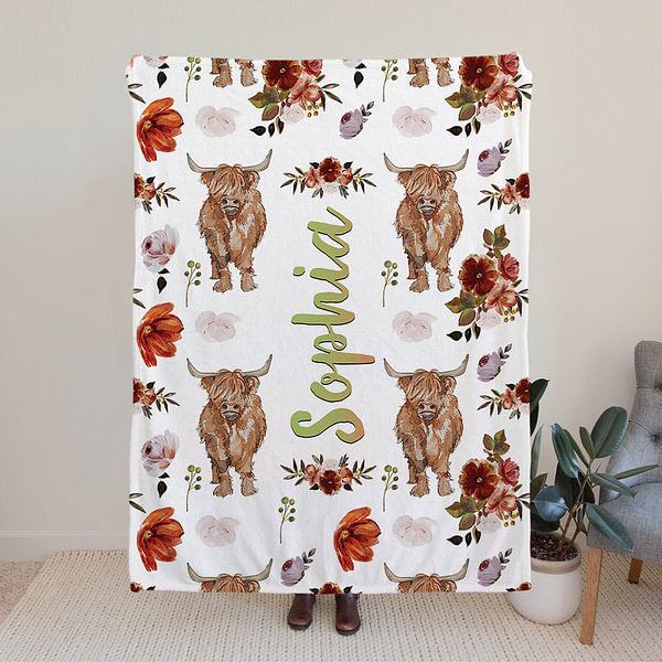 Personalized Cute Highland Cow Soft Cozy Fleece Blanket with Name Baby Shower Christmas Gift for Kids Highland Cow Lover