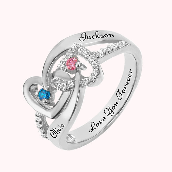 Double Heart Intertwined Ring with 2 Names & Birthstones