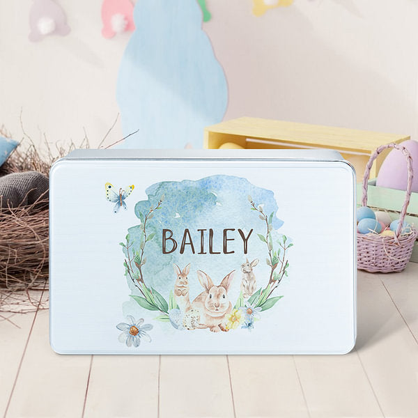 Personalized Watercolor Forest Bunny Food Grade Metal Biscuit Tin with Name Candy Container Easter Gift for Kids