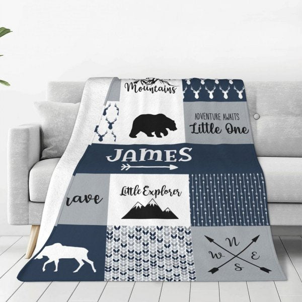 Personalized Adventure Awaits Woodland Style Children's Blanket with Name Birthday Gift for Kids