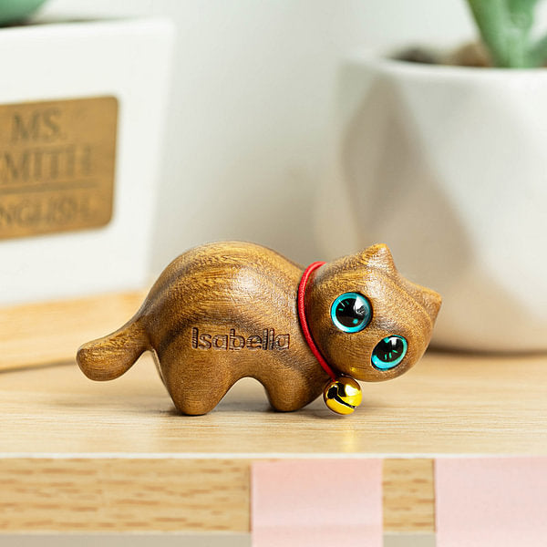 Personalized Mini Cute Cat Wooden Carved Statue with Engraved Name and Little Bell Handmade Desk Decoration Birthday Gift for Cat Lovers