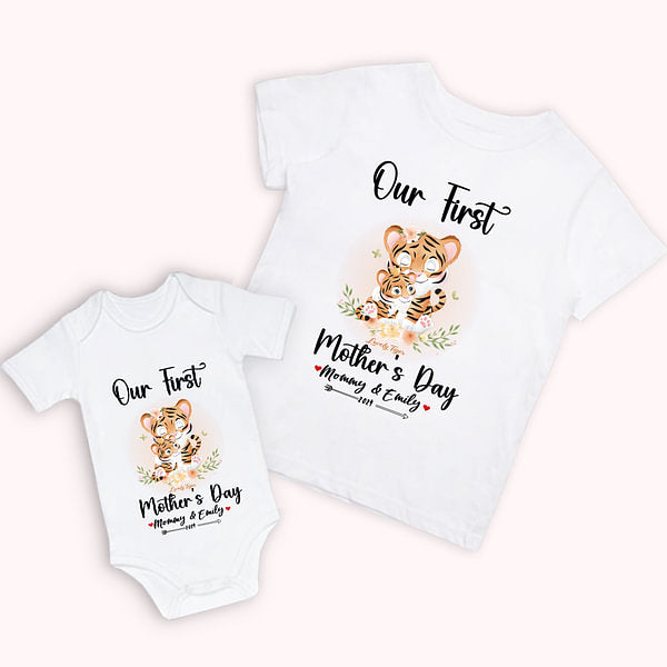 Personalized Cute Tiger Our First Mother's Day 100% Cotton T-shirt Baby Onesie Set with Names Mother's Day Gift for New Mom Baby