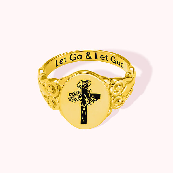 Personalized Cross Birth Flower Bouquet Signet Ring Let Go And Let God Ring Christian Engraved Jewelry Baptismal Mother's Day Gift for Woman