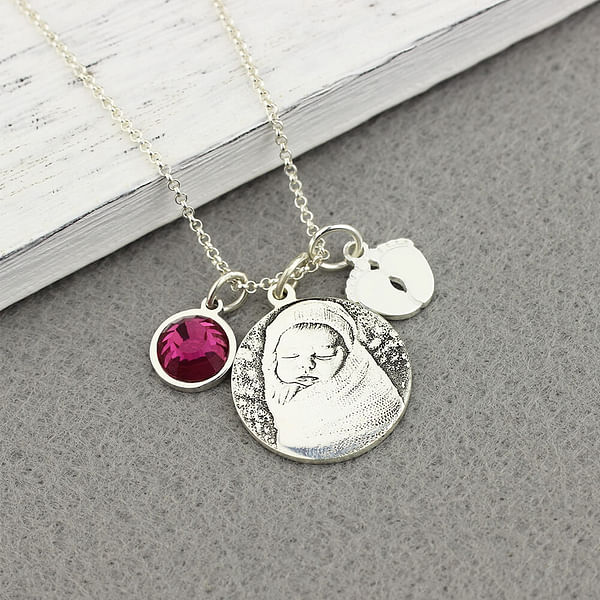 Personalized Birthstone Photo Sterling Silver Necklace with Feet and Engraved Name Mother's Day Gift for New Mom