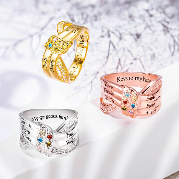 Personalized Ribbon Knot Ring with 1-8 Birthstones and Engraved Names Zircon Family Jewelry Mother's Day Birthday Gift for Mom Grandma