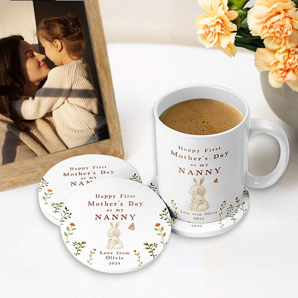 Personalized Happy First Mother's Day 11oz Ceramic Coffee Mug and Coaster Set with Animals Hug Design Mother's Day Gift for Grandma Mom