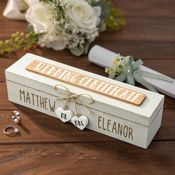 Personalized Wedding Certificate Wooden Storage Box with Mr And Mrs Heart Charms Wedding Gift for Couple