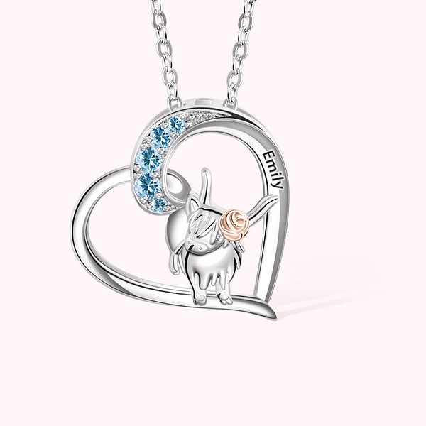 Personalized Heart Highland Cow Necklace with Birthstone and Name for Mother Daughter Girlfriend Jewelry Gift