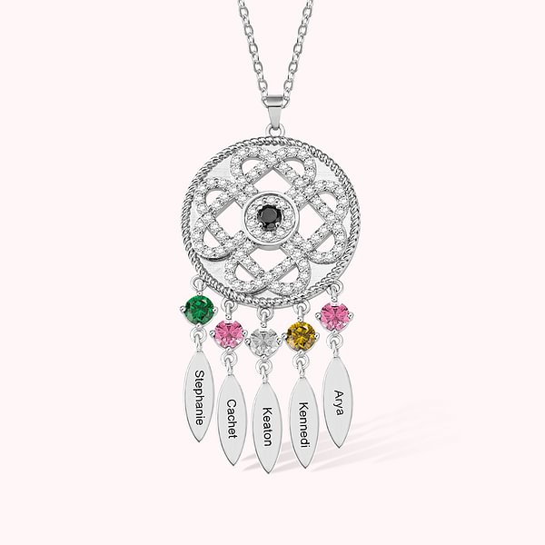 Personalized Dream Catcher Birthstone Necklace with Engraved Name Jewelry Gift for Mother