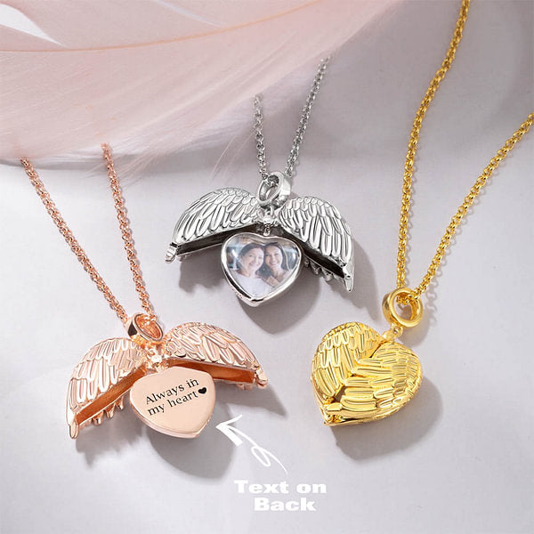 Personalized Photo Heart Locket Angel Wings Necklace with Engraved Text Memories Gift for Woman