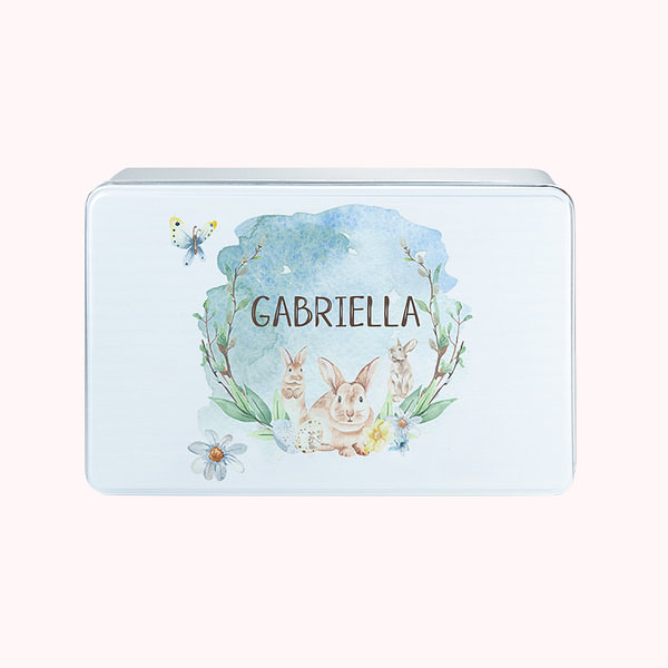 Personalized Watercolor Forest Bunny Food Grade Metal Biscuit Tin with Name Candy Container Easter Gift for Kids