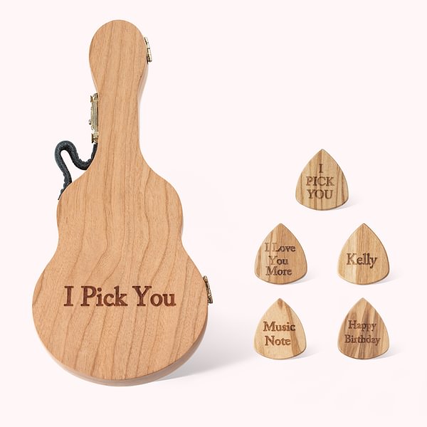 Personalized Engraving Cherry Wood Guitar Pick Storage Case with 1-5 Picks Birthday Gift for Guitar Player Musician