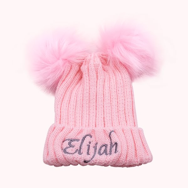 Personalized Double Pom Pom Baby Knitted Winter Hat with Embroidery Name Baby Shower Christmas Day Birthday Gift for Kid Newborn