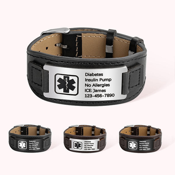 Personalized Adjustable Leather Emergency Medical Alert Bracelet with Engraved Text Gift for Man or Woman