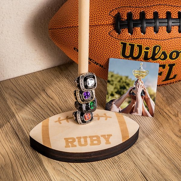 Personalized Football Basketball Championship Stacked Detachable Wood Ring Holder with Engraved Name Number Birthday Gift for Sports Lover