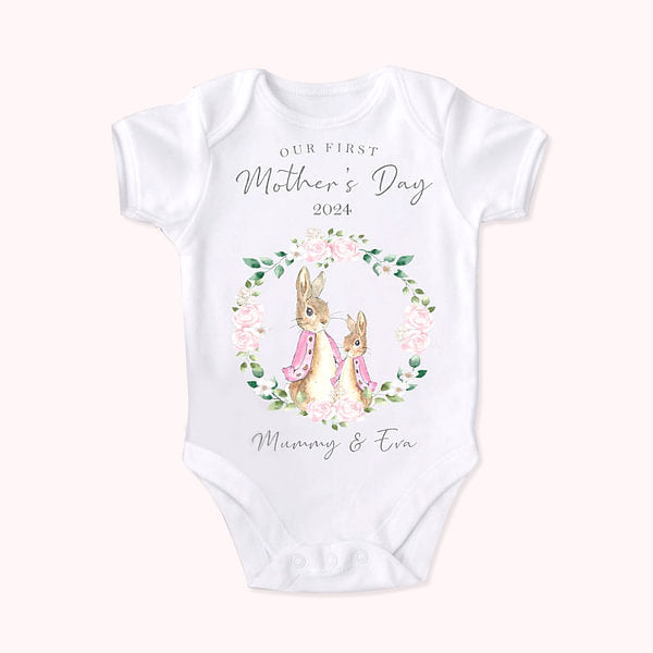 Personalized 100% Cotton Our First Mother's Day Flower Ring Rabbit Cartoon Style Baby Onesie with Name Gift for Mother New Born