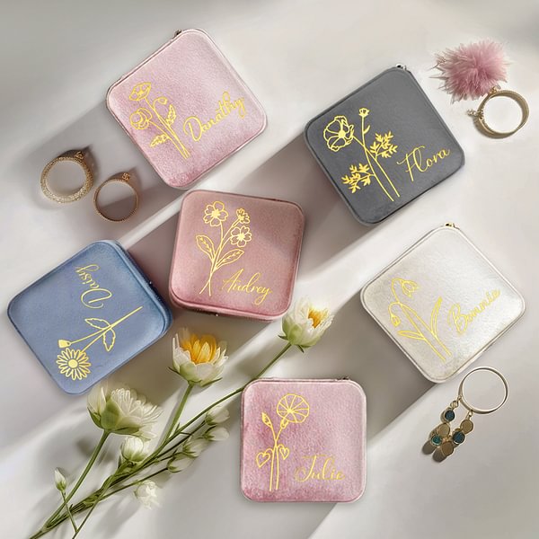 Personalized Birth Flower Velvet Jewelry Travel Case Gifts for Mother Woman Bridesmaid Wedding