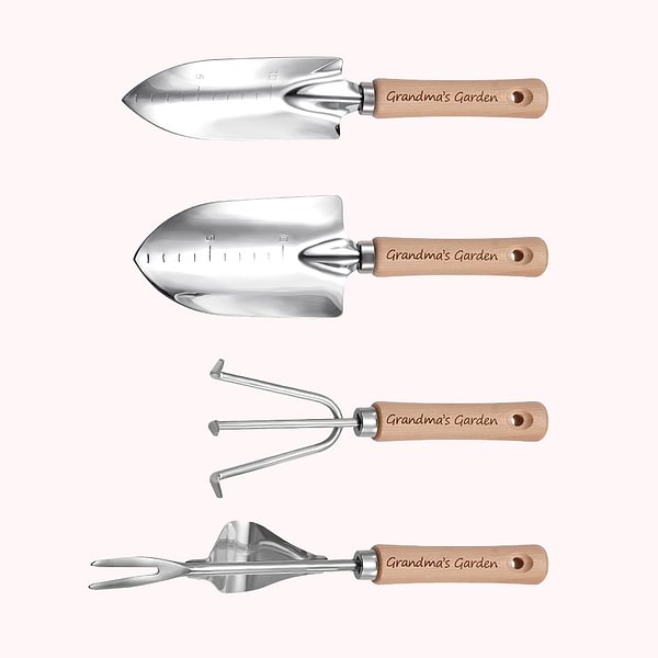 Personalized Set of 4 Stainless Steel Garden Tools with Engraved Text Wooden Handle Mother’s Day Father’s Day Gift for Gardeners