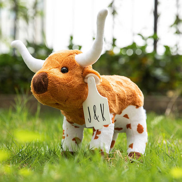 Personalized Longhorn Cow Plush Toy Furry Stuffed Animal Doll with Text Photo Ear Tag Birthday Gift for Kid Cow Lover