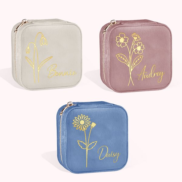 Personalized Birth Flower Velvet Jewelry Travel Case Gifts for Mother Woman Bridesmaid Wedding