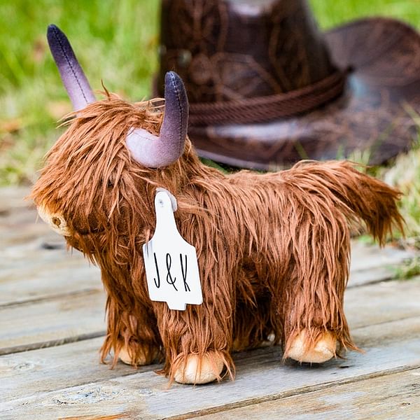 Personalized Highland Cow Plush Toy Furry Stuffed Animal Doll with Text Photo Ear Tag Birthday Gift for Kid Baby Highland Cow Lover