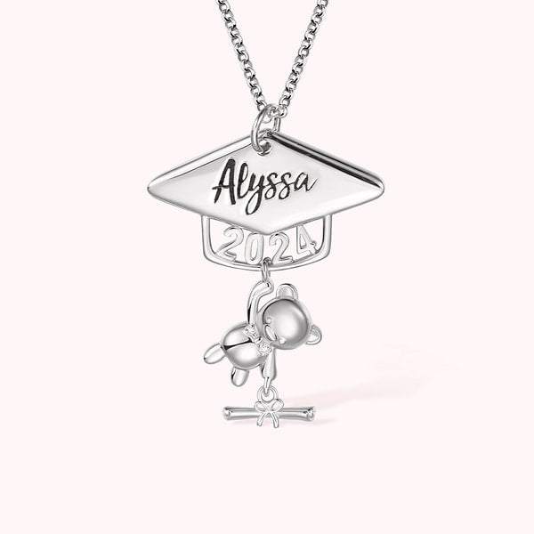 Personalized Bear Graduation Necklace with Name and Birthstones Graduation Gift for Her